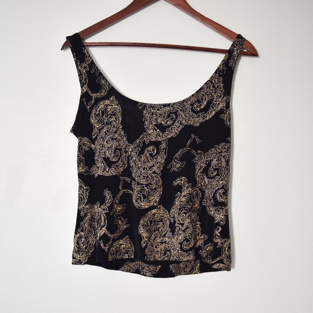 Vintage sheer cropped tank top with sparkly gold paisley designs
